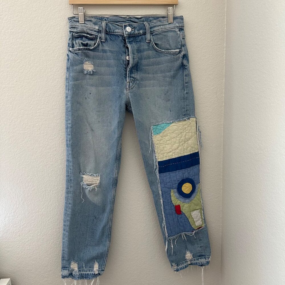 MOTHER The Patchwork Tomcat Ankle Raw Hem New Hobbies Blue 28